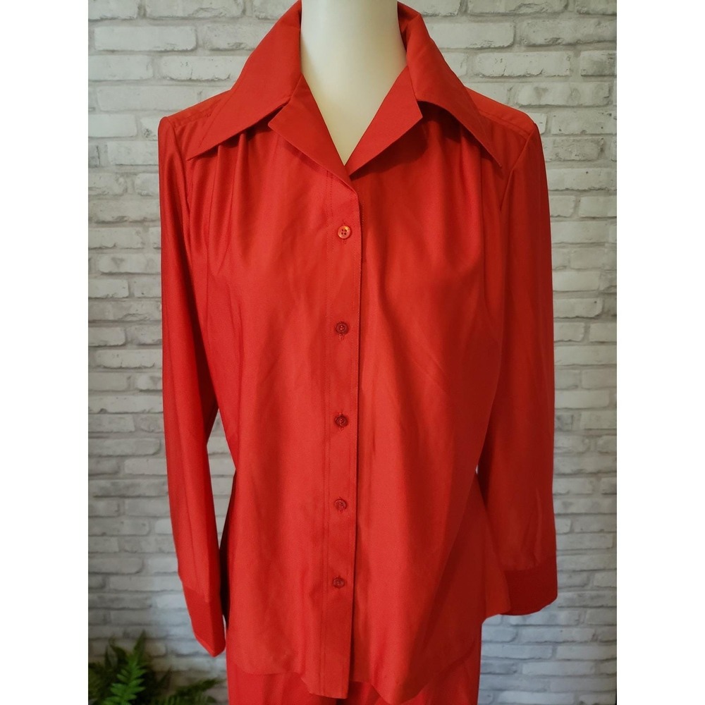 Vintage 70s red polyester spread collar blouse Elles Belles Sz L retro dopamine‎